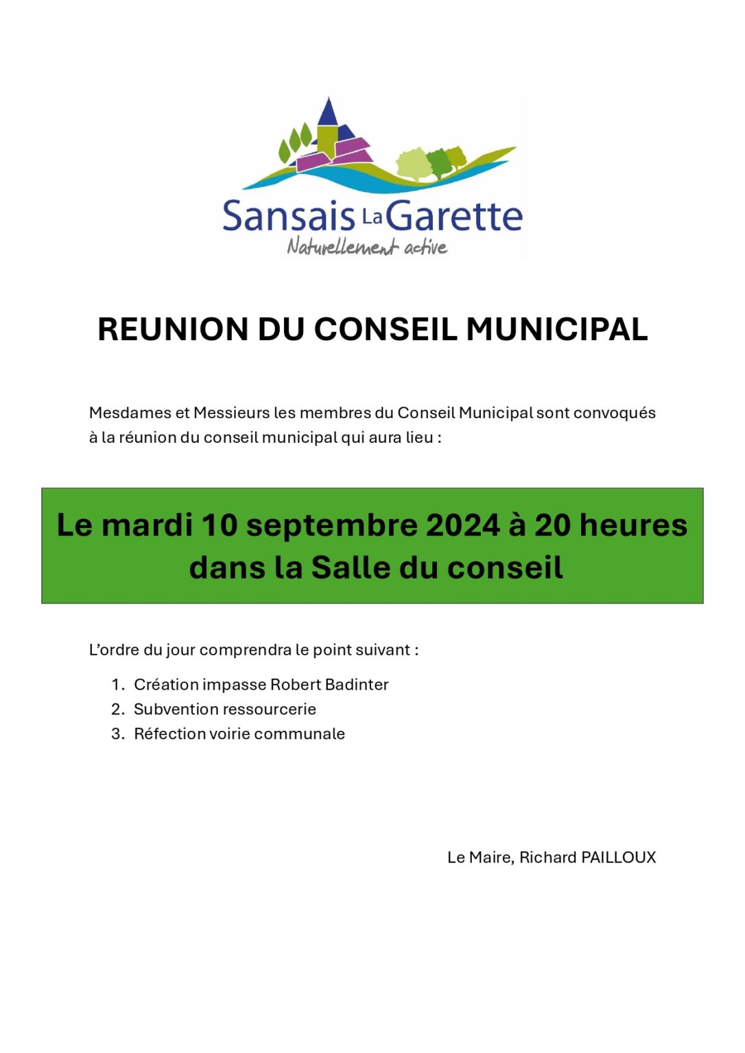 Conseil municipal le 10 septembre